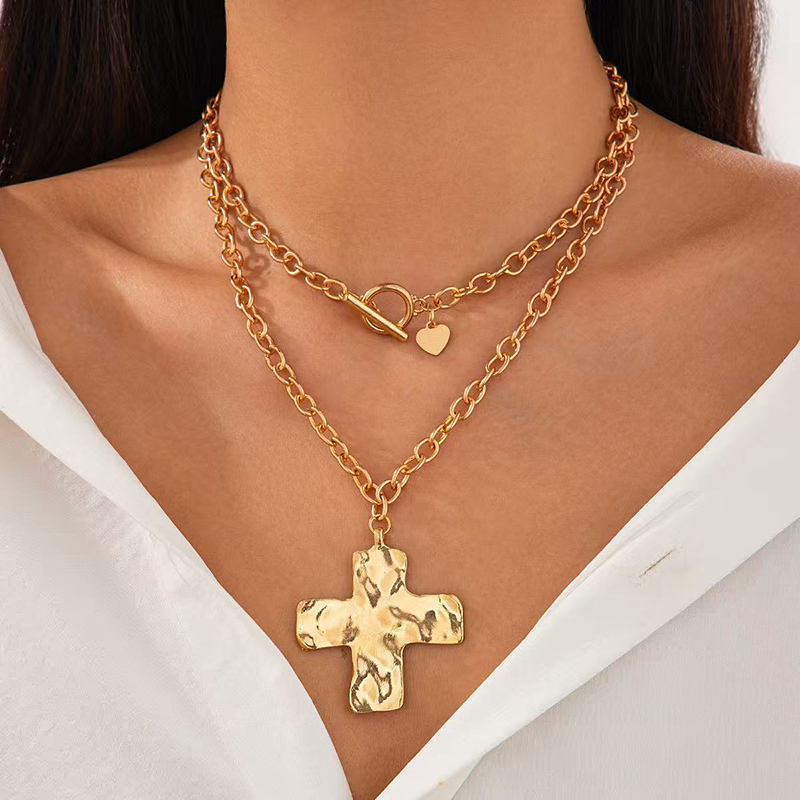 Cross Pendant Necklace Gold - Wyprzedaż! Złoty, warstwowy naszyjnik z grubym