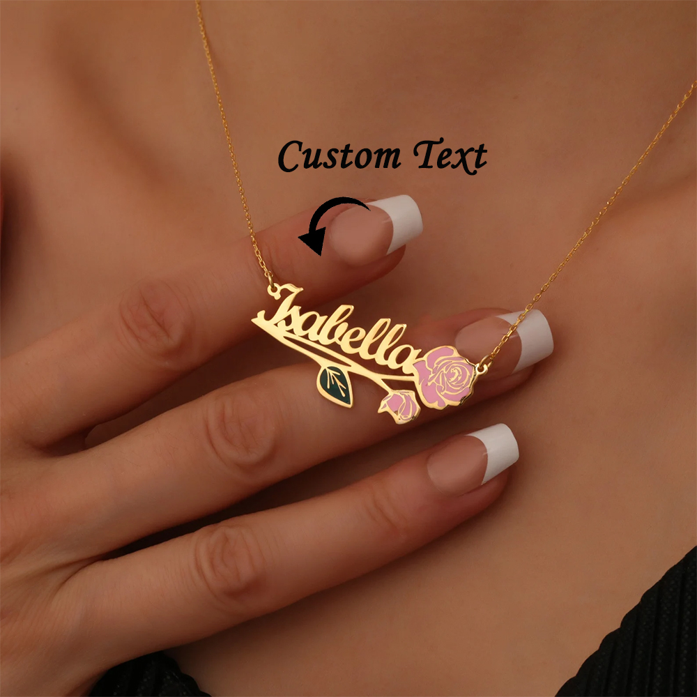 Custom Name Necklace Stainless Steel - Spersonalizowany, kolorowy naszyjnik z kwiatem urodzinowym