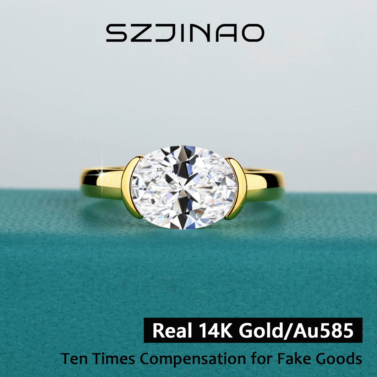 Moissanite Engagement Ring 1 Carat - 14-karatowy złoty certyfikowany owalny pierścionek z