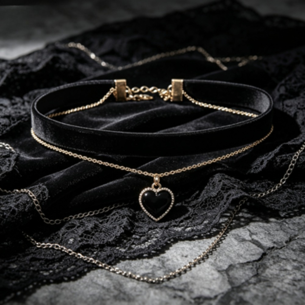 Layered Pendant Necklace Aesthetic - Wielowarstwowy czarny naszyjnik choker z zawieszką