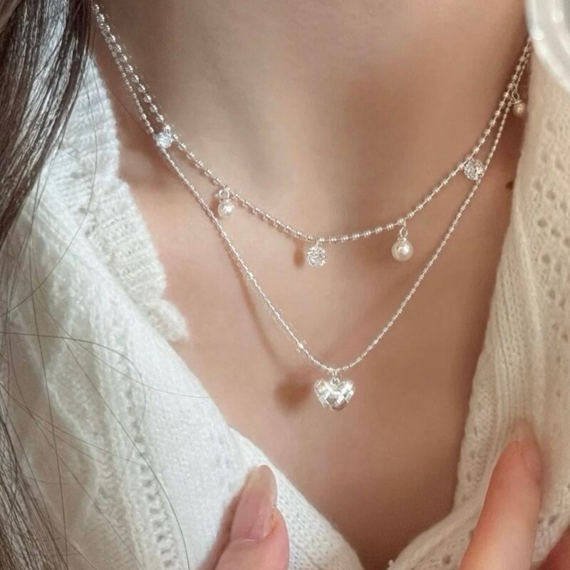 Layered Pendant Necklace Aesthetic - Dwuwarstwowy srebrny naszyjnik z koralikami, delikatny