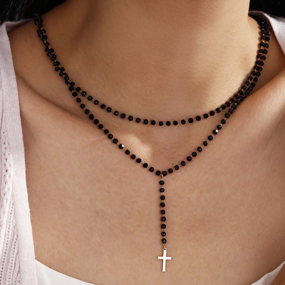 Layered Pendant Necklace Aesthetic - Gotycki Dwustronny Czarny Naszyjnik z Kryształkami
