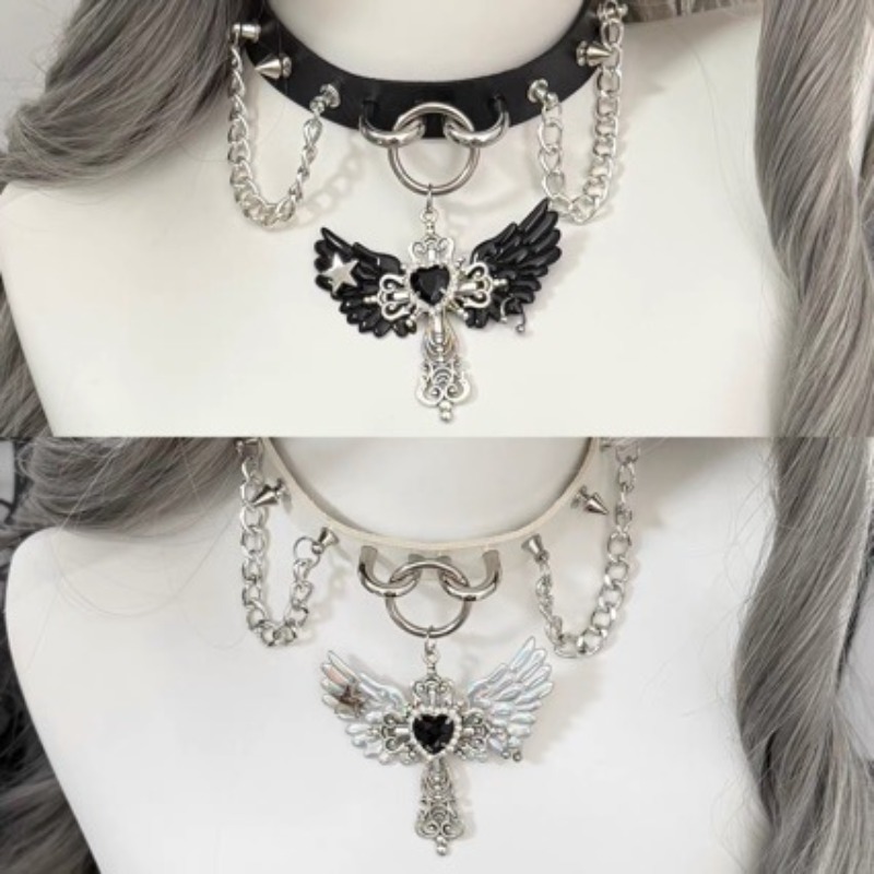 Layered Pendant Necklace Aesthetic - Gotycka subkultura, wisiorek z anielskimi skrzydłami